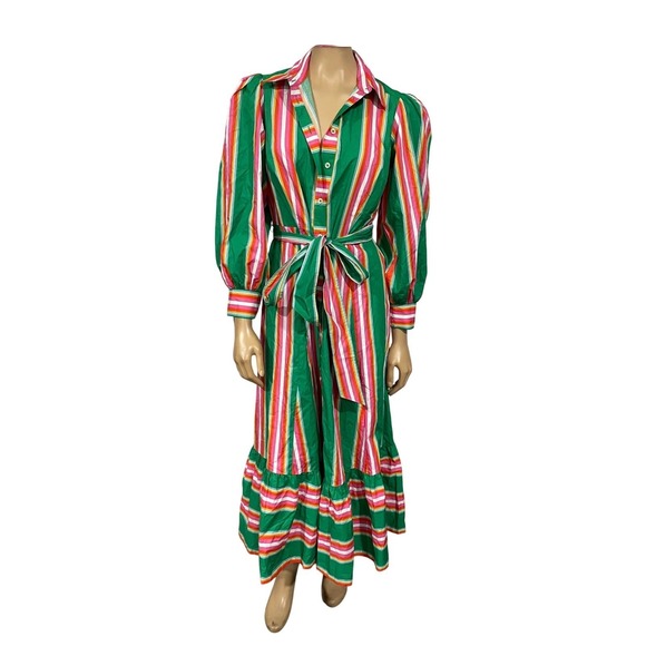 Boden Green Pink Multi Stripe Maxi Shirt Dress Ruffle Hem | Size 8P - Picture 6 of 14